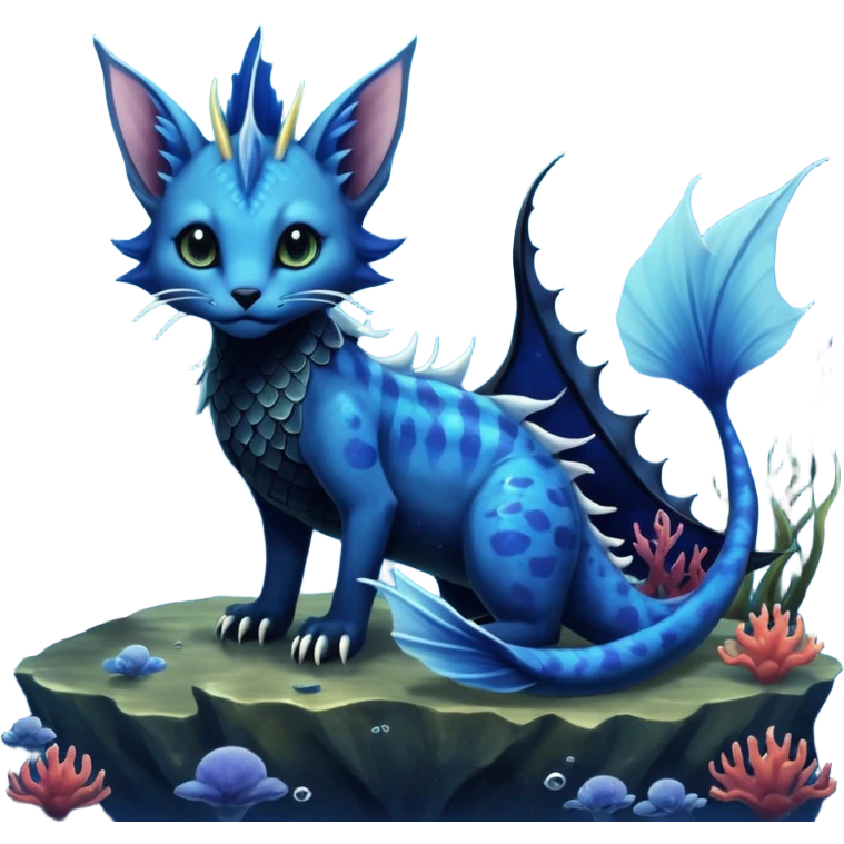 Epic complex abyssal fantasy swampy glorious detailed dark dusky gloomy deep gothic gloomy cobalt-blue-abyss-blue-black-greyish, realistic Fakémon-Sprigatito-Floragato-Meowscarada-Vaporeon-Salandit-Trico-Sergal-Serval-Vernid-creature (full body) with mermaid-ears, tail fin, shiny sparkly, iridescent emoji