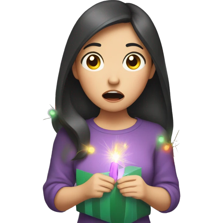 Asian girl shocked while holding Christmas lights emoji