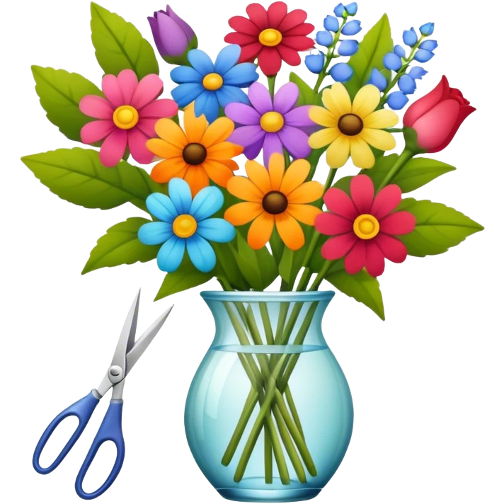 Icon for Floristry: a bouquet of flowers with floral arranging tools like scissors, a flower stem, and a vase. The icon should represent creativity in flower design and arranging. Transparent background. emoji