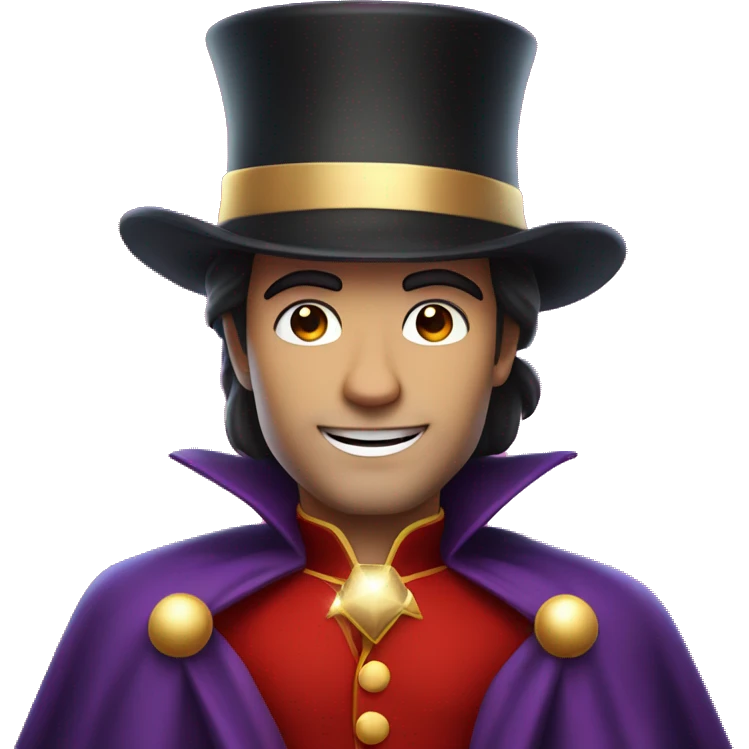 A man with dark hair, white skin, wearing red cape and a top hat, having sparkle as magic next to him  emoji