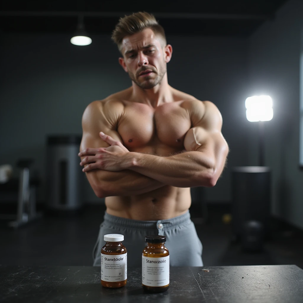 photo realistic crossfit athlete standing with painful expression, holding elbow, visible muscles, vials labeled 'Stanozololo' beside, bright light, modern gym background emoji