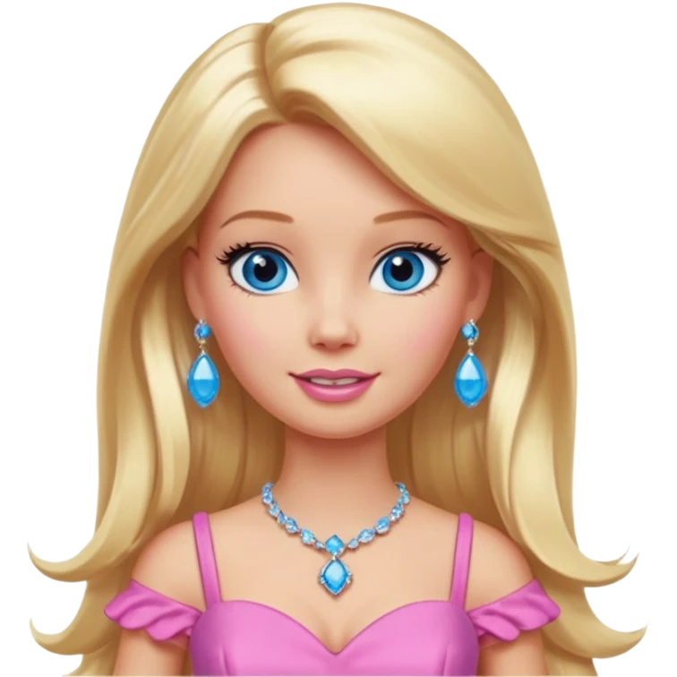 barbie, long blonde hair, pink dress, with blue eyes,different dress,ear rings, jewelry, different face expressions. emoji