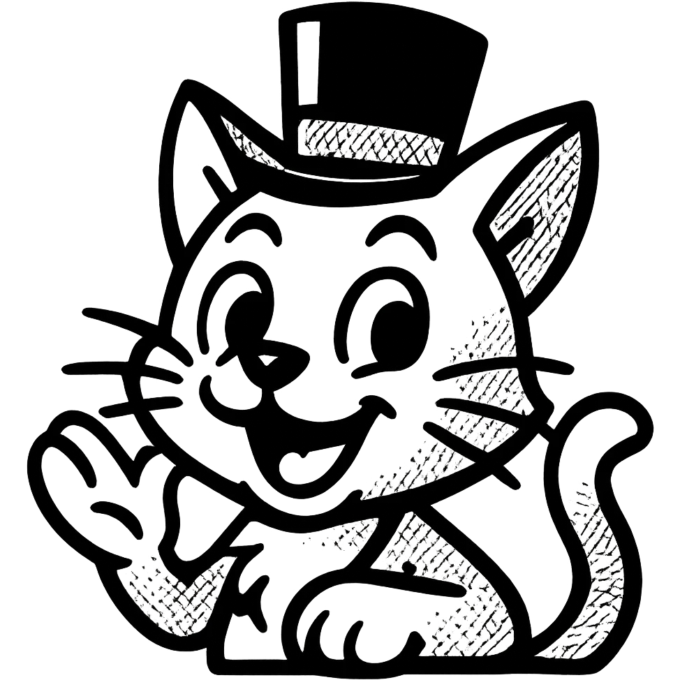 cartoonish black and white image of a cat in a top hat, playful expression emoji