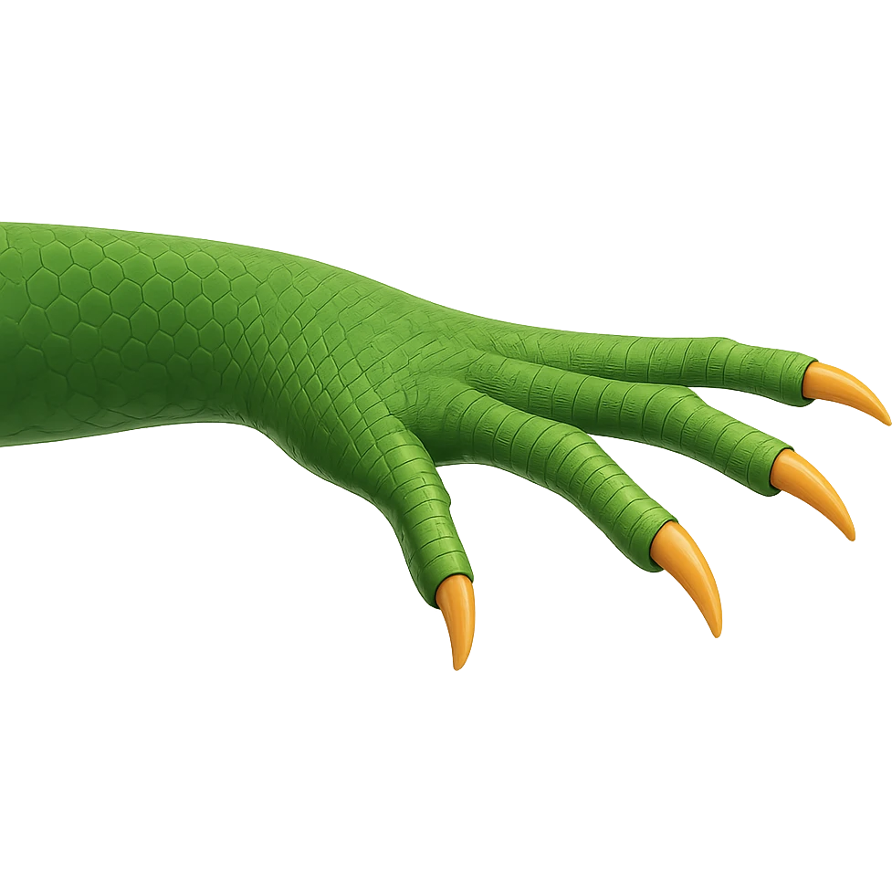 Side view of a lizard or reptile hand, palm facing down like the 🫳 emoji, with detailed scales and claws, clear and expressive, no background. emoji