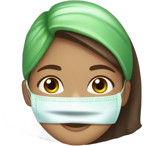 Girl with freackles Brown hair and white skin blue eyes wears skin care mask Thats Green and pickle on her closed eyes emoji
