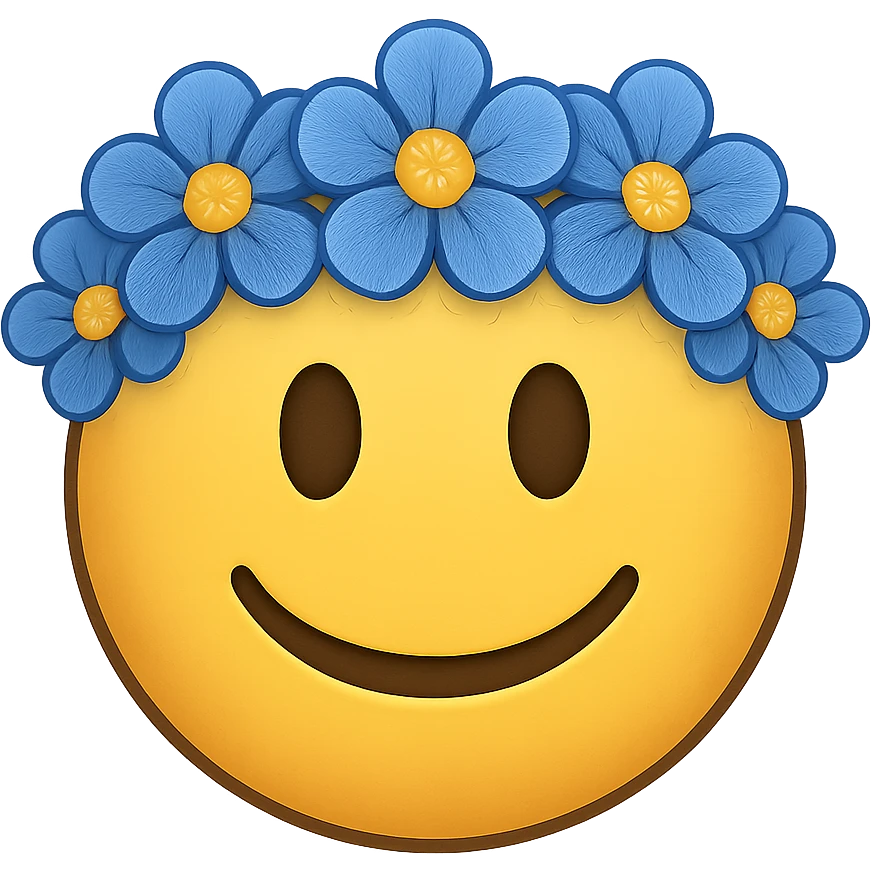 yellow face with blue flower crown emoji, digital illustration, remove background emoji