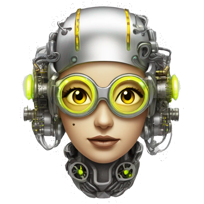 Caucasian female cyborg head with Neon yellow bobbed hair, silver steampunk goggles and circuits emoji