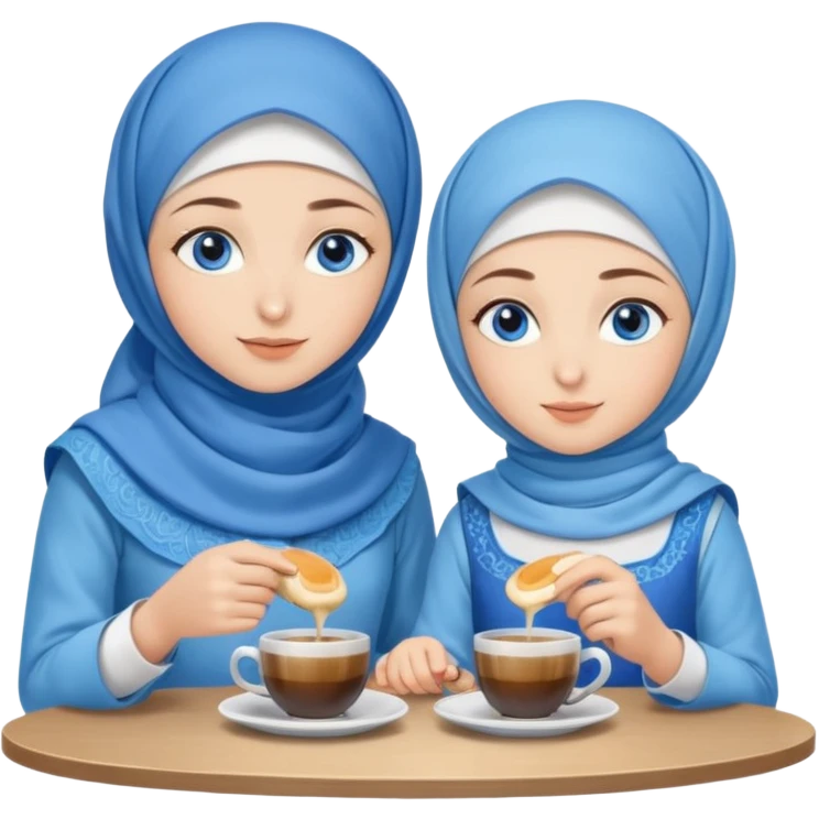 Turkish beautiful finish Konya two girls blue eyes with blue hijab islamic dress and make breakfast in coffeehouse emoji