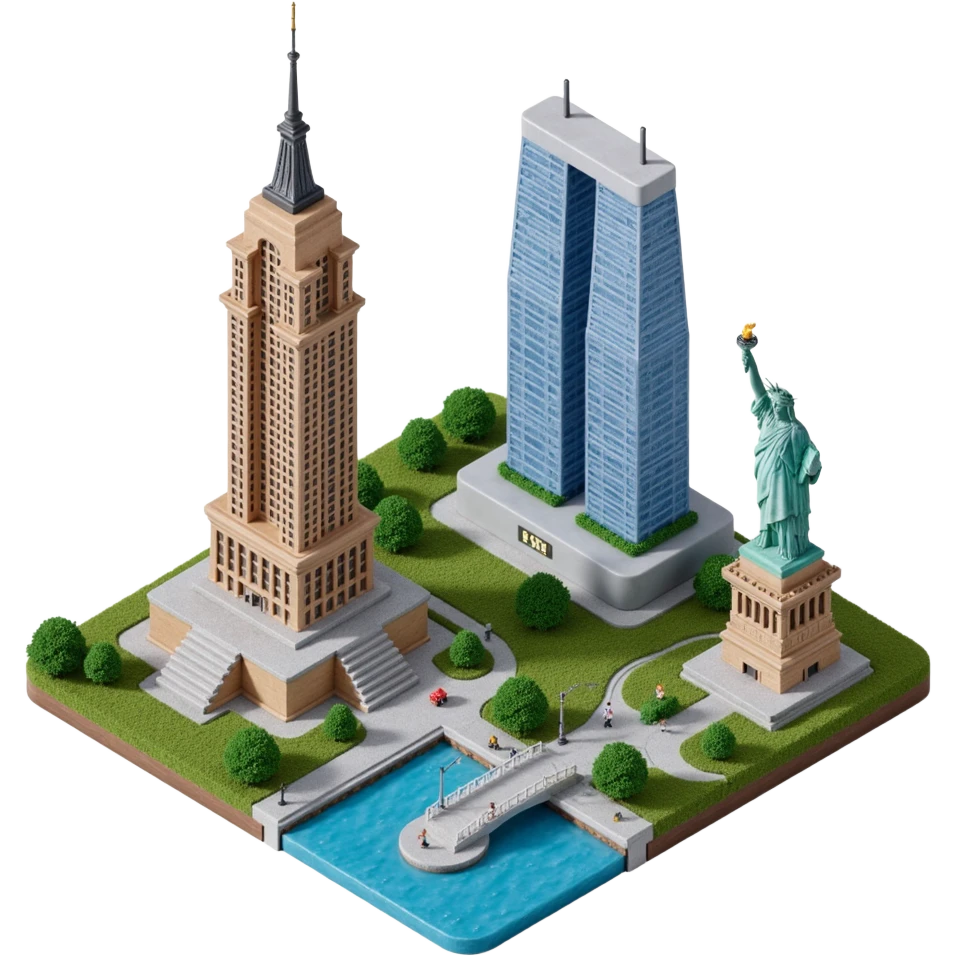 Photorealistic Isometric miniature of New York Сity Empire State Building, Chrysler Building, One World Trade Center, Statue of Liberty, Brooklyn Bridge and another skyscarappers emoji