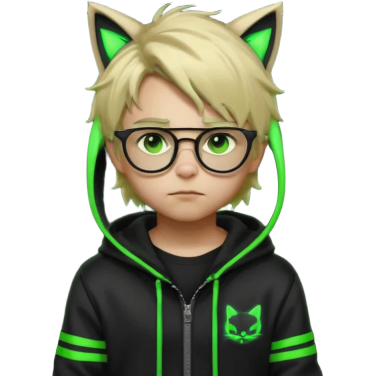 Light blond, slightly messy hair
Black glasses
A black hoodie with cat ears
Neon green details on the jacket and pants (glowing lines and stripes)
An overall hacker / cyberpunk style look
A neutral facial expression (boy )eyes brown) the hood with ears BROWN EYE BROWN EYE emoji