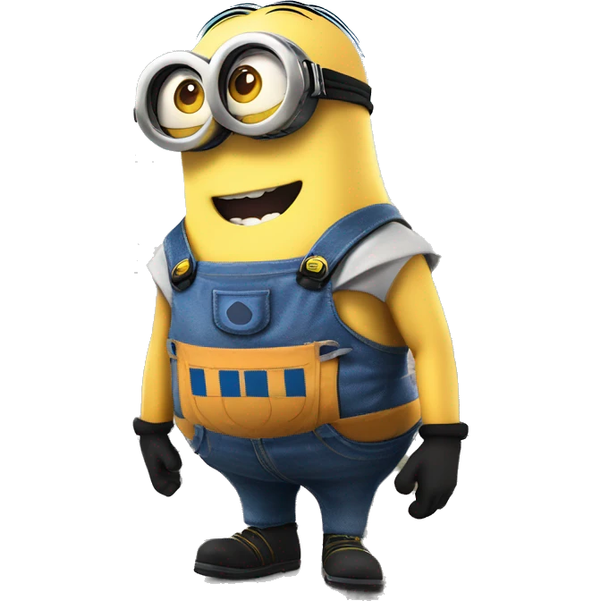 A giant minion character from Despicable Me, towering over a cityscape. The minion is wearing its signature blue overalls and goggles, with a mischievous grin on its face. emoji