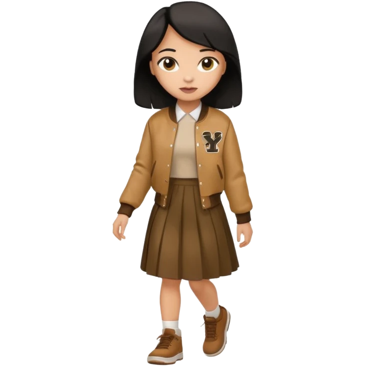 black color hair, light skin long hair girl with brown varsity jacket and long skirt walking

 emoji