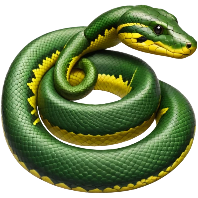 A photo-realistic top-down view of a Green Anaconda tightly coiled in a spiral, with its broad, flat head resting at the center. Its olive-green body is thick and muscular, patterned with symmetrical, bold black oval spots that flow along its smooth, glossy scales. emoji