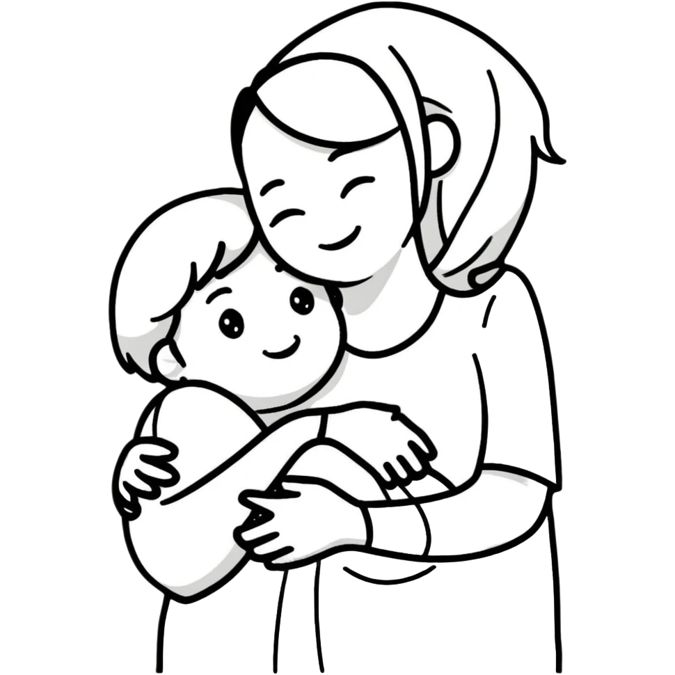 Mother and child hugging with love emoji