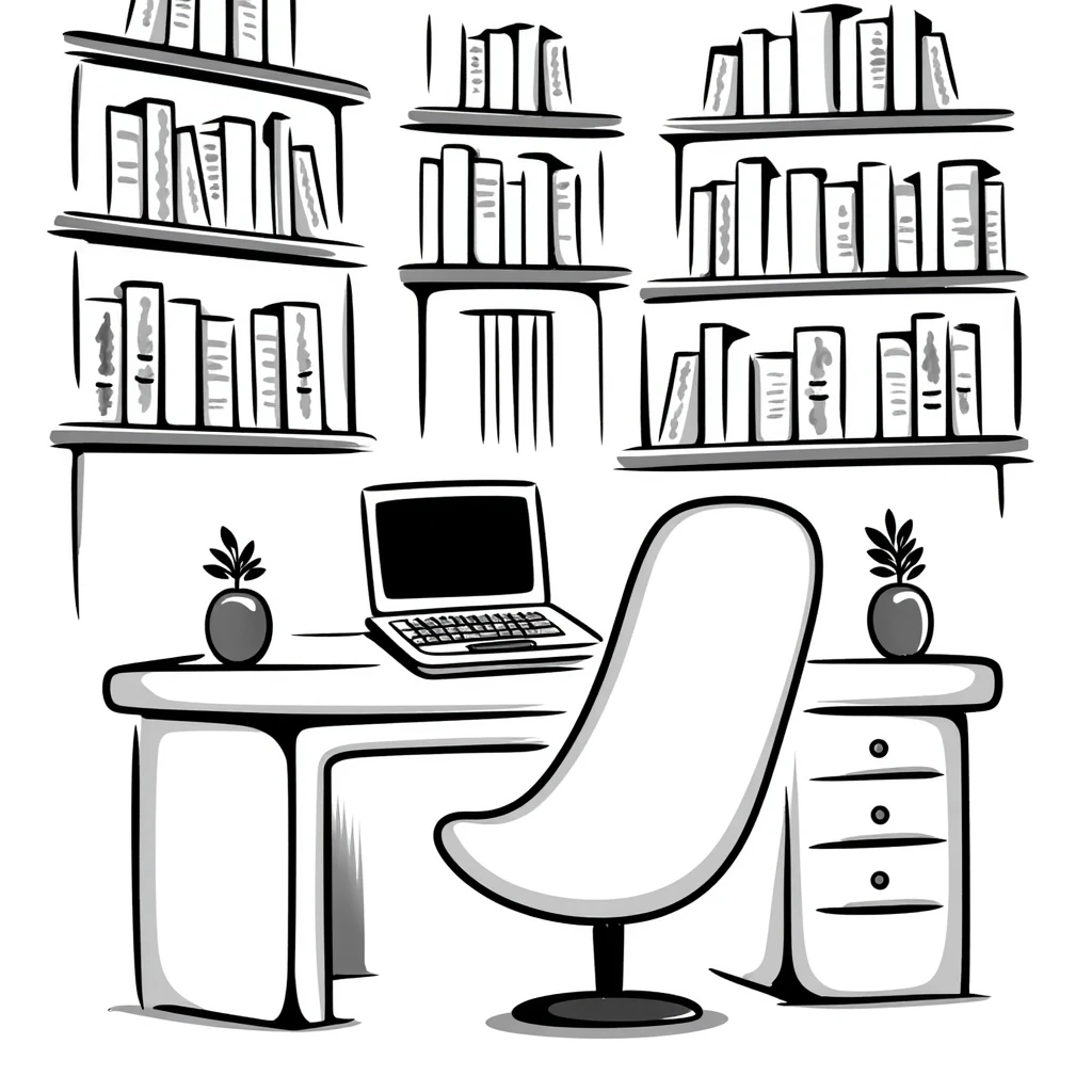 A cozy library with curved bookshelves and an open old-school laptop

 emoji