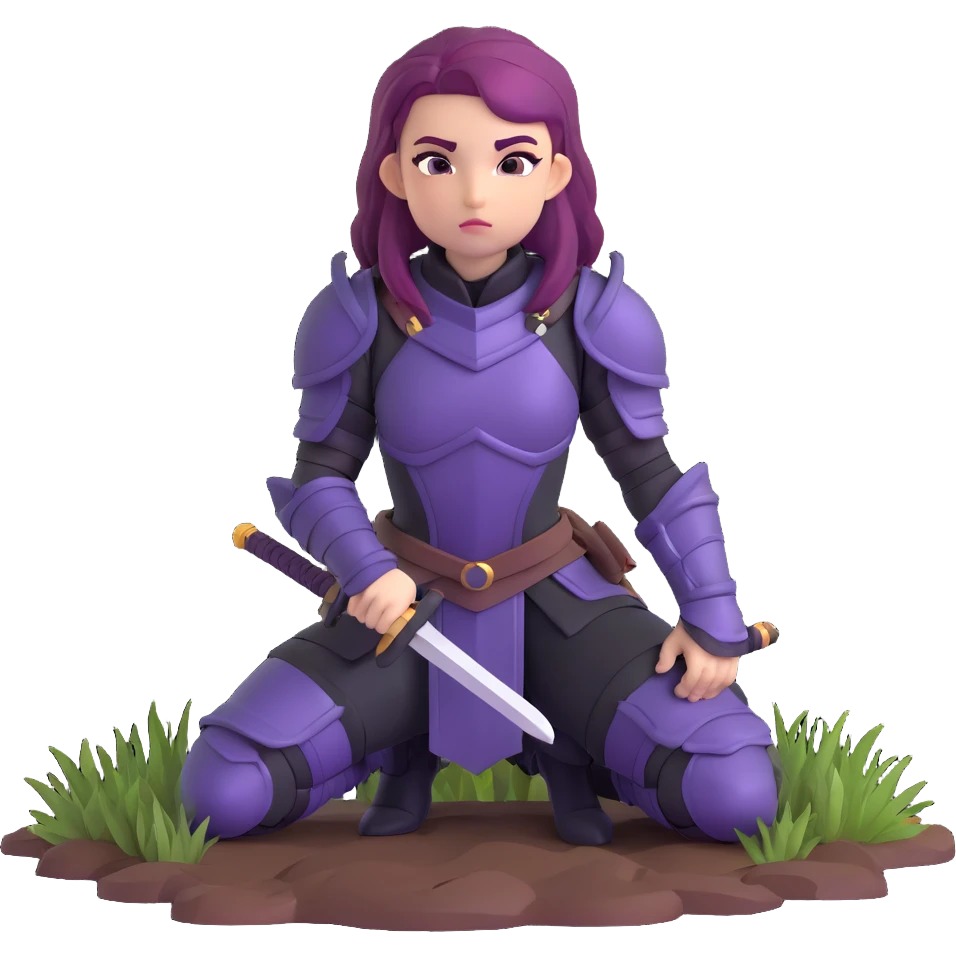 mysterious warrior girl with flowing purple hair, dressed in black armor, kneeling with sword planted in the ground emoji