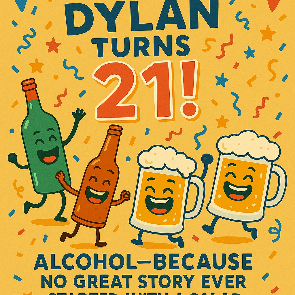 Add the funny drink quote: 'Alcohol—because no great story ever started with a salad.' Keep all original graphics and style. emoji