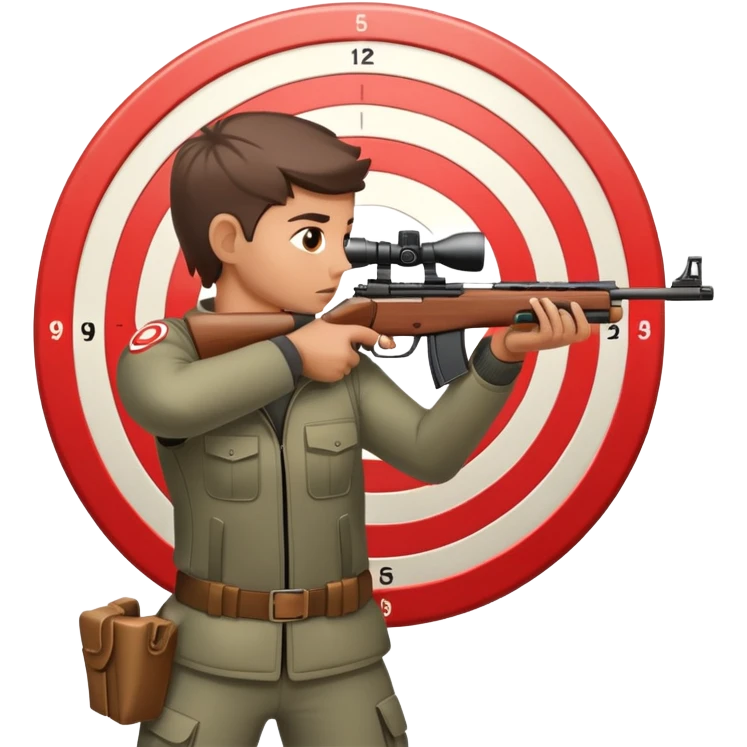 A focused shooter aiming a rifle at a target, standing in a shooting range with perfect posture. The target is in clear view, and the atmosphere is intense and precise, emphasizing concentration, accuracy, and discipline in the sport of shooting. emoji