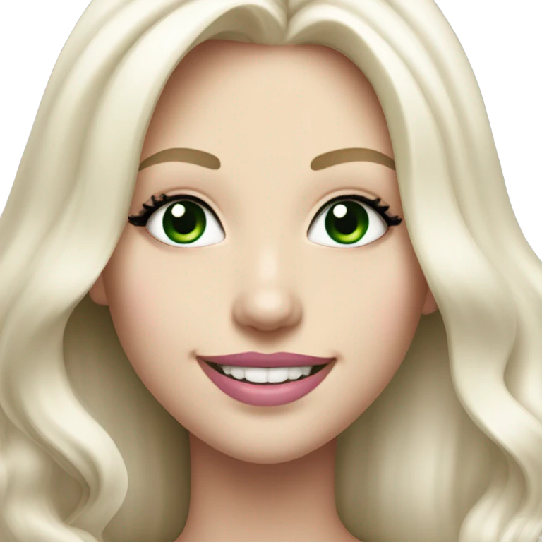 Smiling girl with long white blonde hair dark green eyes with black eyeliner very white teeth and pink lipstick emoji