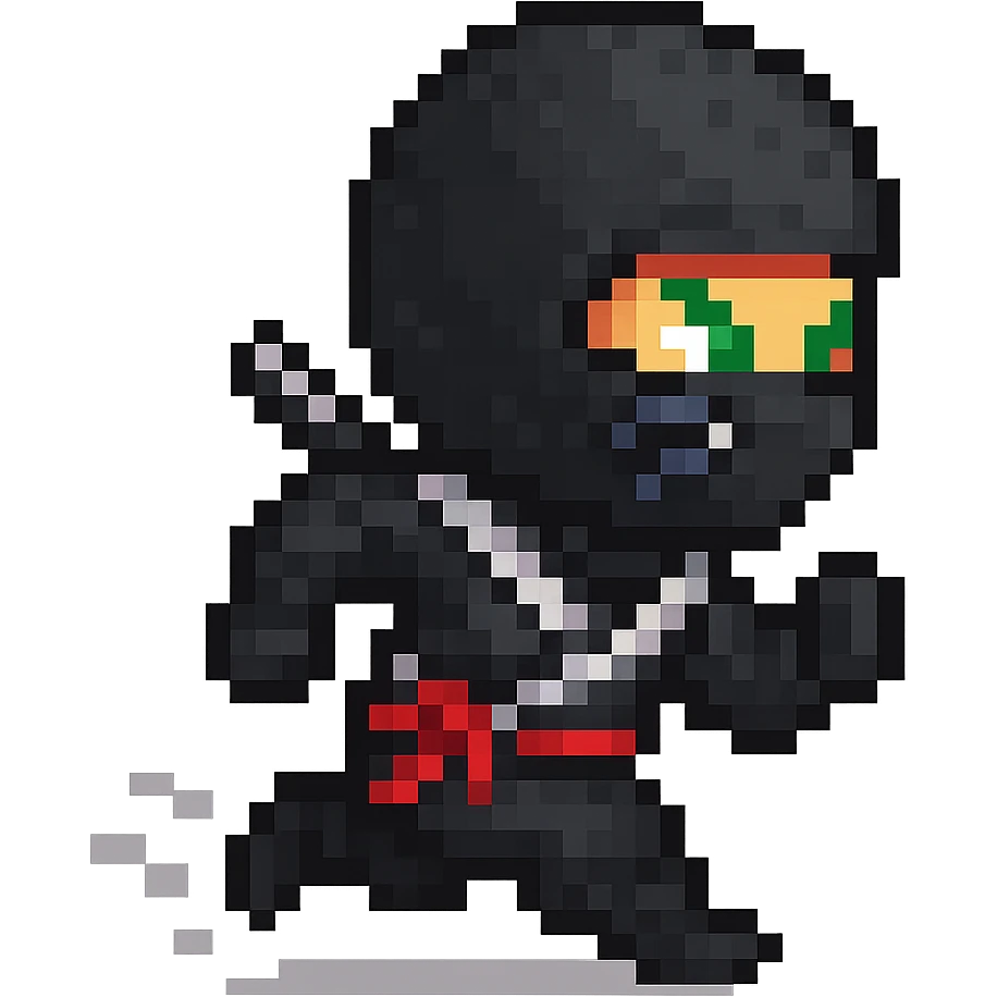 masked ninja with running animation in the style of pixel art emoji