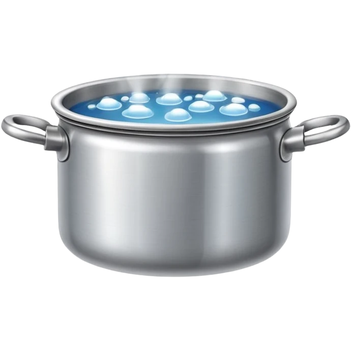 small metal pot filled with boiling water on a stove, visible hot steam and rising bubbles, realistic heat effect, shiny pot surface, bright lighting, clean white background emoji
