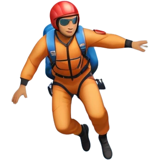 A base jumper soaring through the sky, with a parachute deployed, gliding over a dramatic cliffside or tall building. The background showcases a vast landscape below, with clouds and open skies, emphasizing the adrenaline and freedom of the sport emoji
