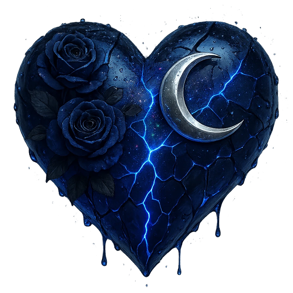 gothic heart made of splintered deep blue glass, adorned with a silver crescent moon, midnight blue roses, holographic stardust, neon lightning, wet look emoji