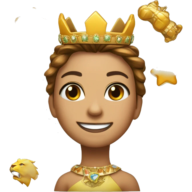 Un león hembra alegre y juguetona con corona de brillo de Reyna  emoji