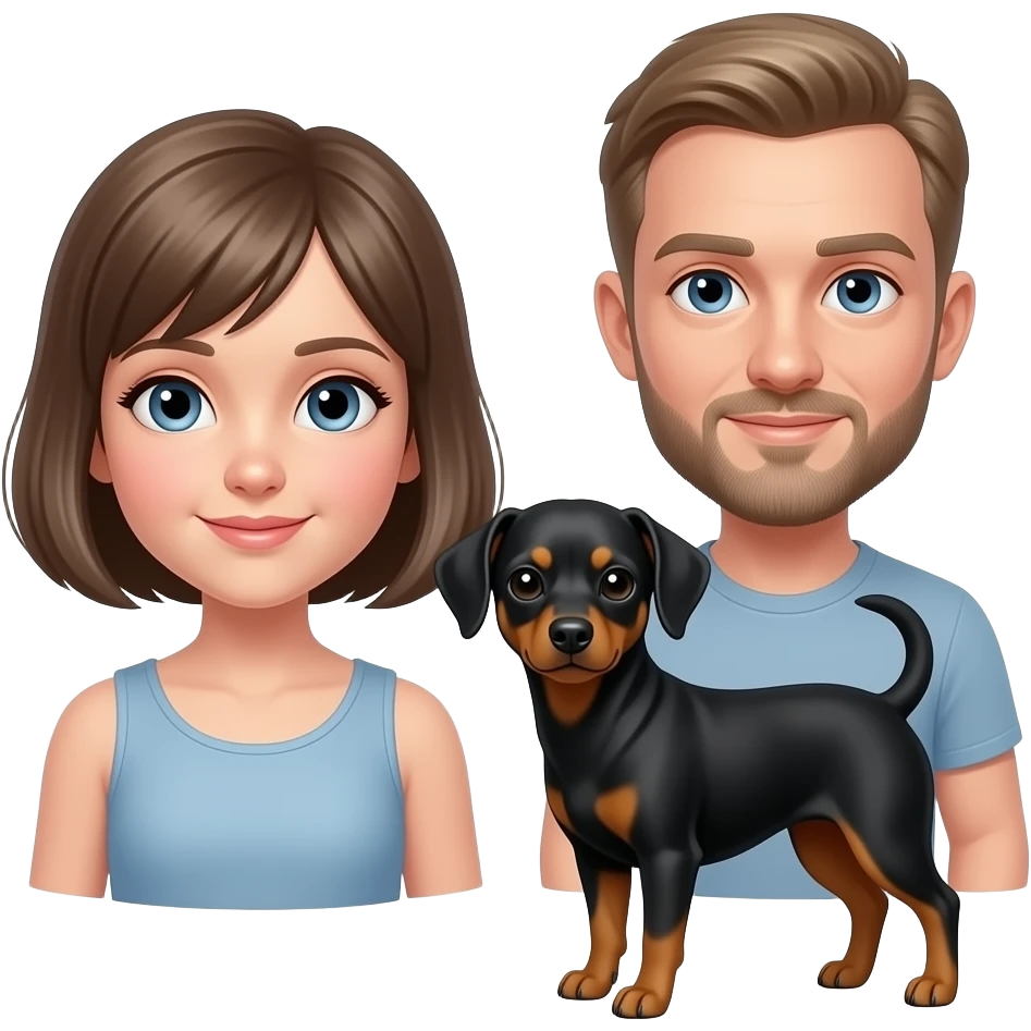 grey eyes woman with dark blond bob haircut and her boyfriend bald blue eye man with beard, her little shiatsu black dog and her 1 year daughter with man short blond hair emoji