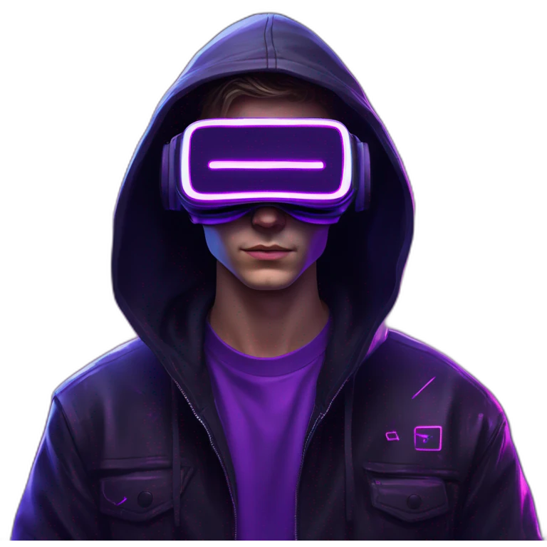 Russian young man wearing a black hoodie with "OMG" letters on it and VR headset in a cyberpunk VR environment with violet neon lighting. emoji