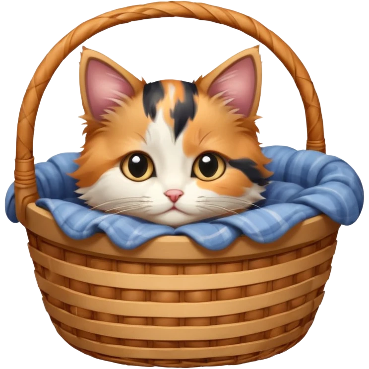 A fluffy kitten curled inside a wicker basket with sleepy eyes. emoji