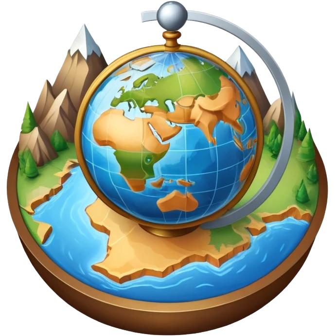 An icon featuring a globe, a compass, and a map, symbolizing geography. The design includes mountain ranges, rivers, and continents, representing the study of Earth’s landscapes and environments. Transparent background highlights the exploration and understanding of the world’s geography. emoji