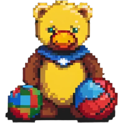 classic childhood toys scattered - brown teddy bear, yellow duck toy, primary colored blocks, red ball, superhero figure emoji