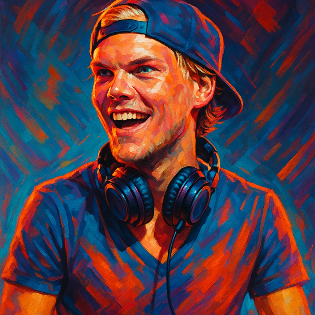 Avicii, iconic DJ and music producer, stylized portrait with headphones, energetic and modern vibe emoji