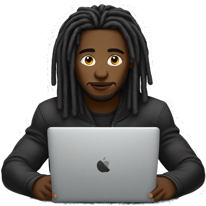 Black-guy-with-dreads-wearing-black-trackstuit-sitting-down-on-chair facing-foward-focused-on-laptop-computer- emoji