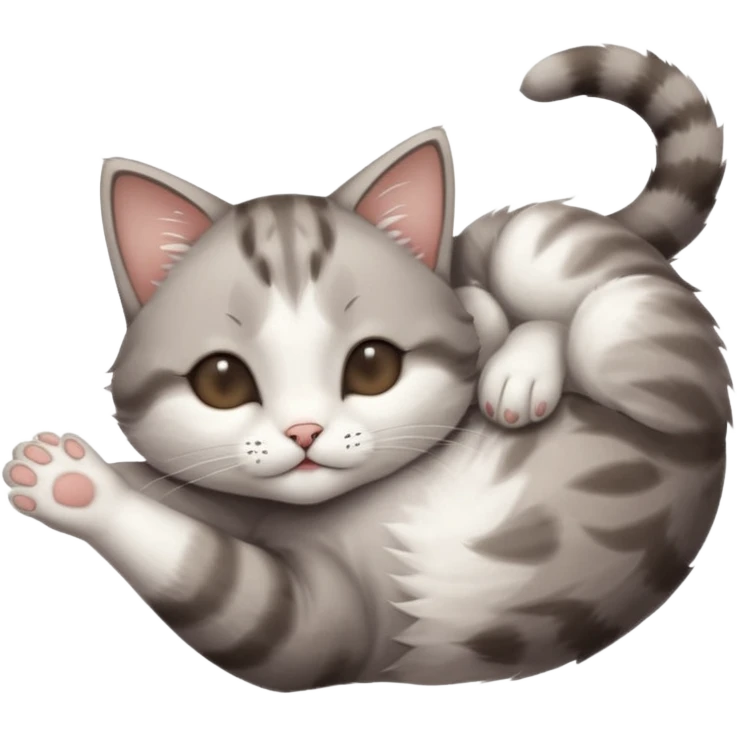grey and white small cat with eyes closed lying down upside down with paws stretched out straight vertically  emoji