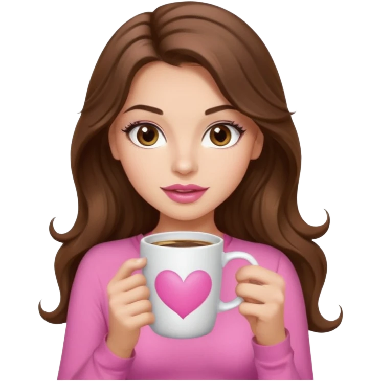 girl with long wavy brown hair, brown eyes, long lashes,sexy pink lips, light to medium complexion, pink sexy top, with a coffee mug emoji