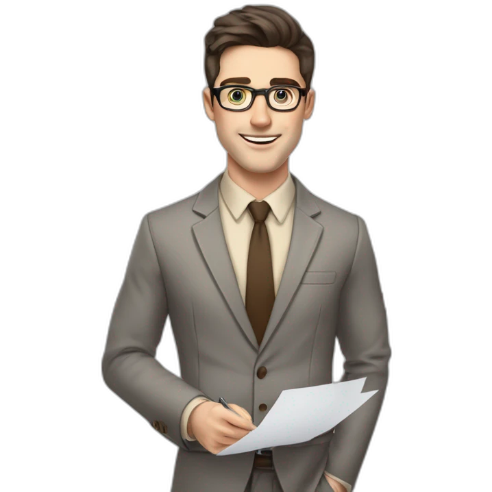 Pale skinned fit man with dark brown hair in gray jacket, beige office shirt, brown tie, brown pants and vintage glasses Writing text on the flipchart emoji