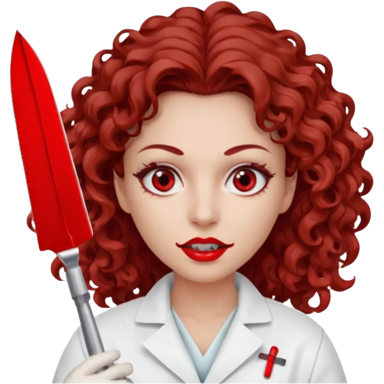 Scary woman scalpel in hand, evil surgeon sexy surgeon clothes.  She has red eyes. Her  brown long curly hair. Wears sexy doctor outfit with red gloves. make her hair free and brown but she  wear mouth cover   to hide. Wears white surgeon jacket and emoji