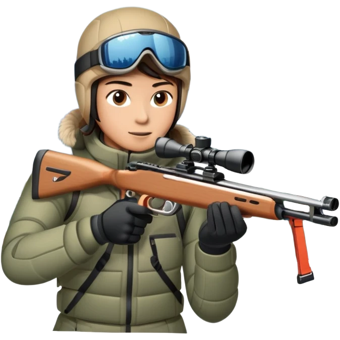 An icon showing a snowy landscape with pine trees, mountains, and a clear sky with a biathlete aiming a rifle in the foreground, wearing winter gear and skis. Transparent background emphasizes the precision, endurance, and beauty of this winter sport. emoji