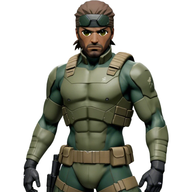 Cinematic Realistic Metal Gear Solid Snake Soldier Portrait, captured in a dynamic, battle-ready stance, muscles defined beneath intricately detailed combat gear in consistent muted greens, browns, and blacks. His determined eyes and rugged features, rendered with dramatic natural lighting and high shine, exude raw, unyielding power, epitomizing the fierce, relentless spirit of a covert operative in the midst of action. emoji