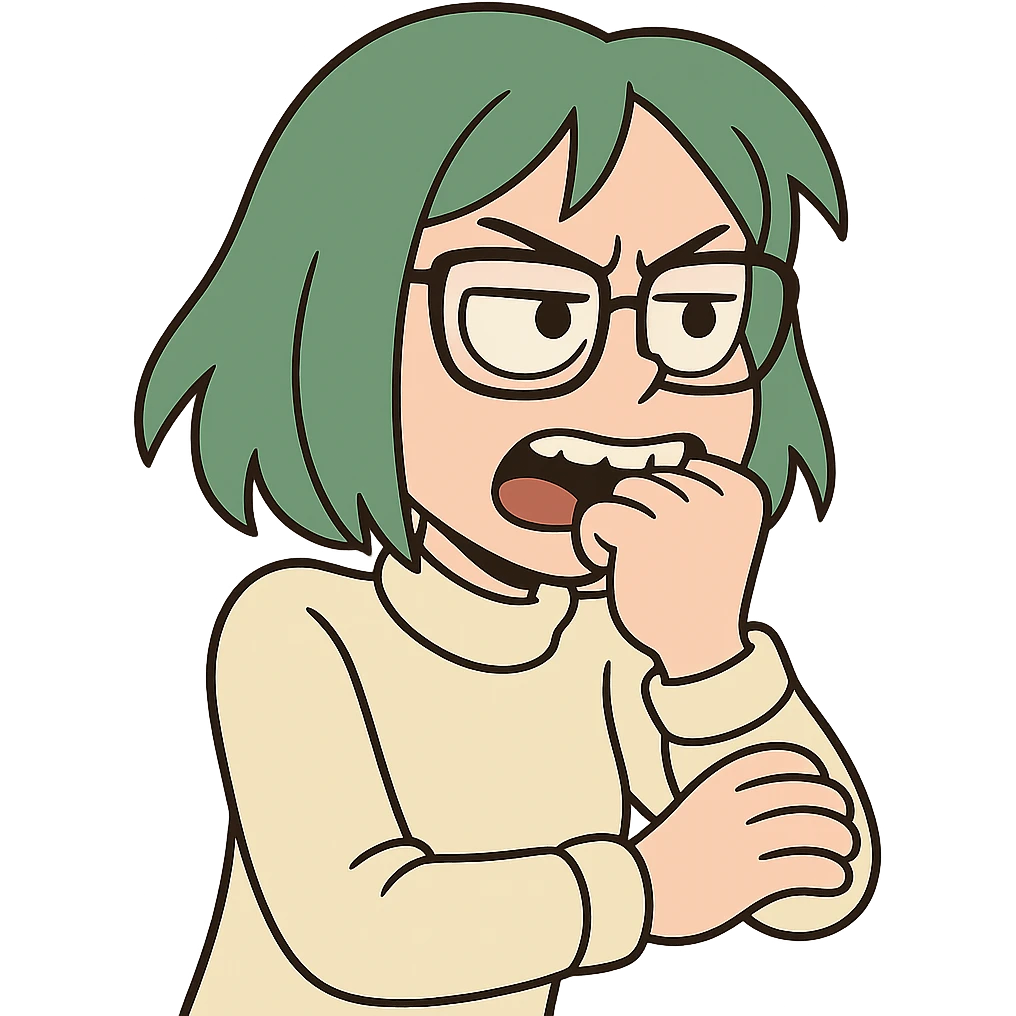 Seele with green hair and glasses biting, flat toon style emoji