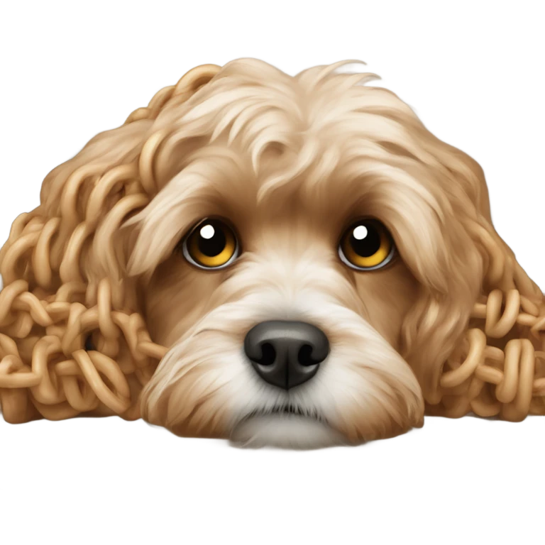 Cavapoo being lazy on couch wearing chains  emoji