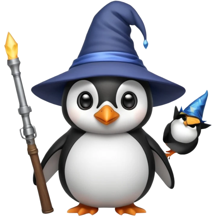 A cute penguin funny with a wizard hat, and a shotgun emoji