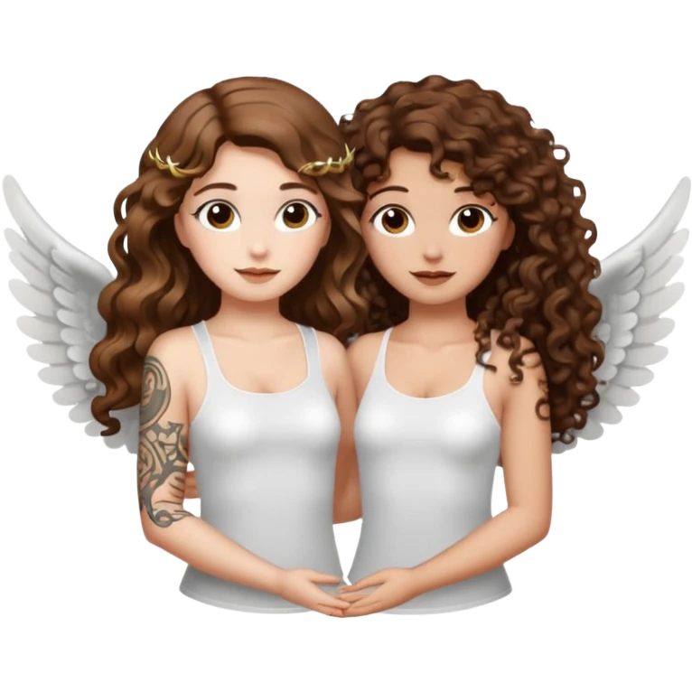 fake angel pose — long wavy brown hair tattooed woman and short tight curly brown hair woman — halo sparkle emoji