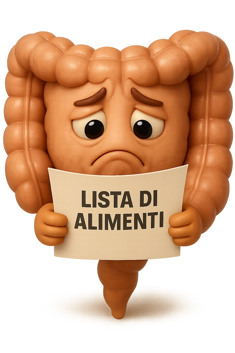 EMOJI STILE IPHONE DI UN INTESTINO CHE LEGGE UN FOGLIO CON LA SCRITTA "lista di alimenti" ed espressione triste in volto, IPERREALISTICO 4K emoji