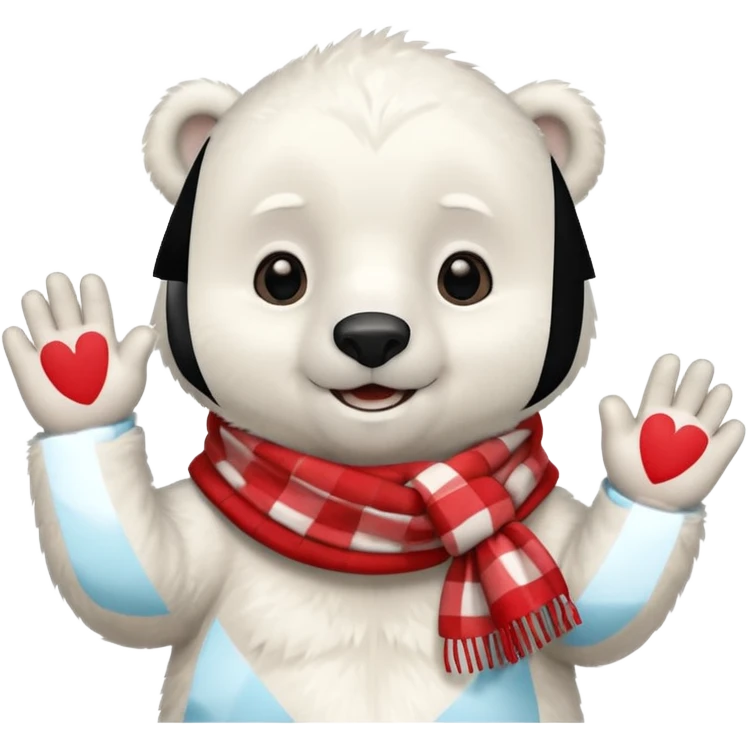 baby Polar Bear, smiling, hi five, wearing red Checkered Triangle scarf emoji