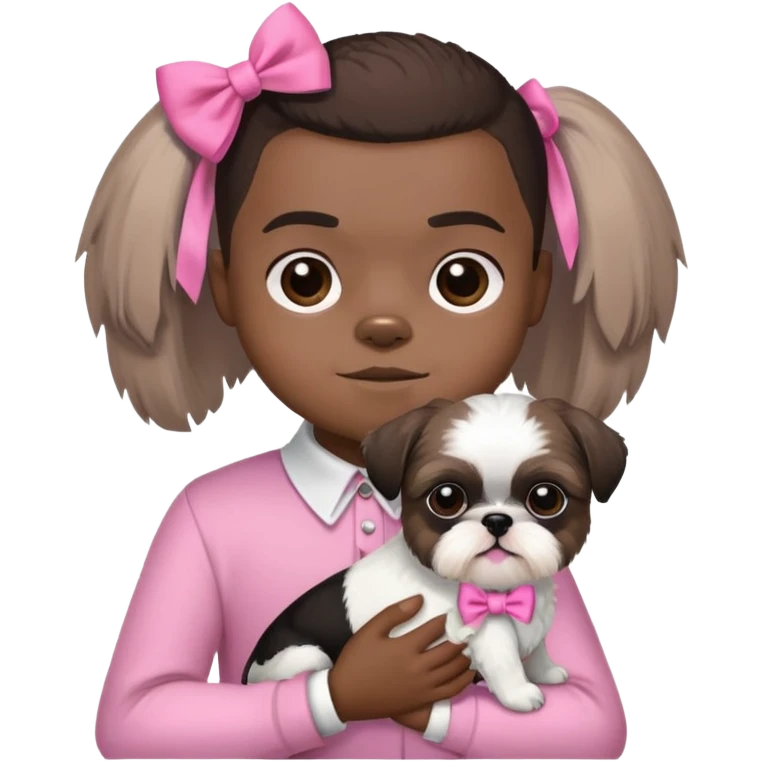black little boy with a buzzcut holding black and white shih tzu dog who’s wearing a pink bow emoji