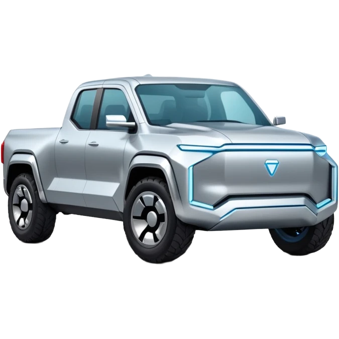 A futuristic electric pickup truck emoji, silver chrome body, angular cyber design, smooth metallic panels, subtle reflections, minimalistic proportions, iOS emoji style, centered composition, clean white background, soft lighting emoji