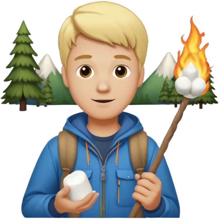 bşonde male with camping clothes holding marshmallow stick emoji